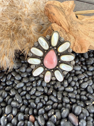 Pink Opal & Mother of Pearl Statement Adjustable Ring – German Silver - Barbwire n Bougie Boutique