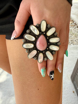Pink Opal & Mother of Pearl Statement Adjustable Ring – German Silver - Barbwire n Bougie Boutique