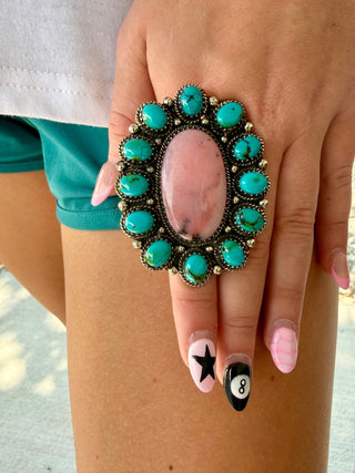 Pink Opal & Turquoise Statement Cluster Ring - Barbwire n Bougie Boutique