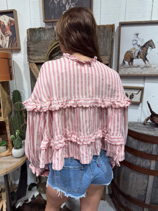 Pink Stripe Ruffle Blouse for Women | Boho Cowgirl Peplum Top - Barbwire n Bougie Boutique
