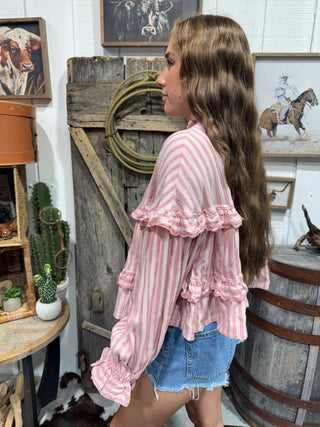Pink Stripe Ruffle Blouse for Women | Boho Cowgirl Peplum Top - Barbwire n Bougie Boutique