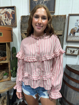 Pink Stripe Ruffle Blouse for Women | Boho Cowgirl Peplum Top - Barbwire n Bougie Boutique