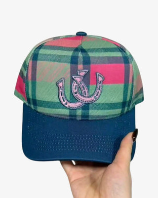Pink & Teal Plaid Horseshoe Trucker Hat | Western Cowgirl Cap - Barbwire n Bougie Boutique