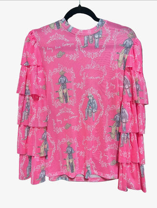 Pink Western Cowboy Print Mesh Top for Women – Ruffle Sleeve Cowgirl Shirt, Long Sleeve Western Boutique Blouse - Barbwire n Bougie Boutique