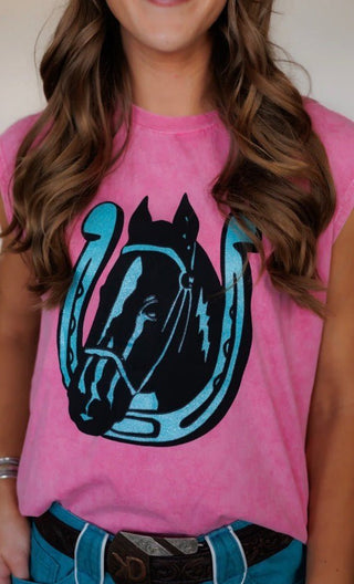 Pink Western Horse Graphic Tee – Turquoise Horseshoe Cowgirl Shirt | Western Boho Boutique Muscle Tee - Barbwire n Bougie Boutique