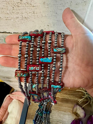 Pink/blue Double Strand Necklace – 13” Beaded – Sterling Silver Pearls & Rectangle Variscite - Barbwire n Bougie Boutique
