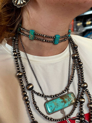 Pink/blue Double Strand Necklace – 13” Beaded – Sterling Silver Pearls & Rectangle Variscite - Barbwire n Bougie Boutique