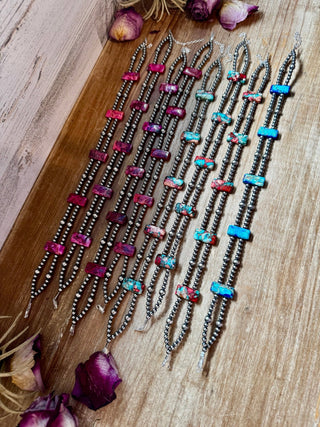 Pink/blue Double Strand Necklace – 13” Beaded – Sterling Silver Pearls & Rectangle Variscite - Barbwire n Bougie Boutique