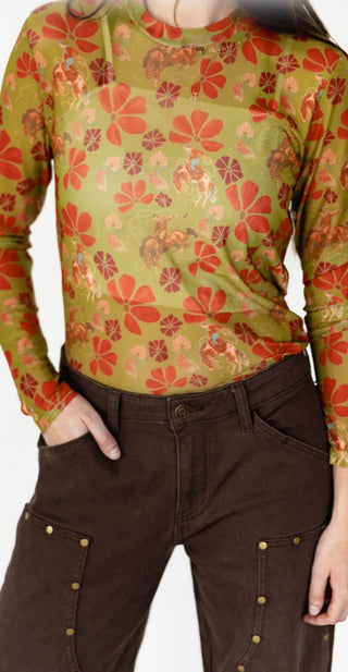 Prairie Bloom Olive Mesh Top | Floral Cowboy Print Long Sleeve Western Top - Barbwire n Bougie Boutique