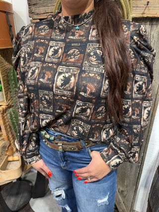 Prairie Playbill Western Top – Vintage Rodeo Poster Print Blouse - Barbwire n Bougie Boutique