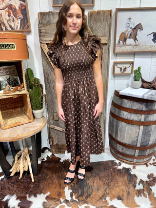 Ranch Cattle Brand Ruffle Midi Dress - Barbwire n Bougie Boutique