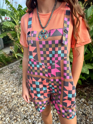 Ranch House Stitch Patchwork Quilt Romper for Women | Colorful Boho Overall Romper with Pockets-2 Fly Co. - Barbwire n Bougie Boutique