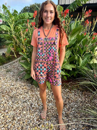 Ranch House Stitch Patchwork Quilt Romper for Women | Colorful Boho Overall Romper with Pockets-2 Fly Co. - Barbwire n Bougie Boutique