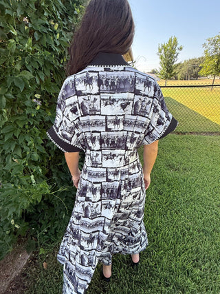 Ranch Sketch Western Midi Dress | Black & Ivory Button Front Cowboy Dress - Barbwire n Bougie Boutique