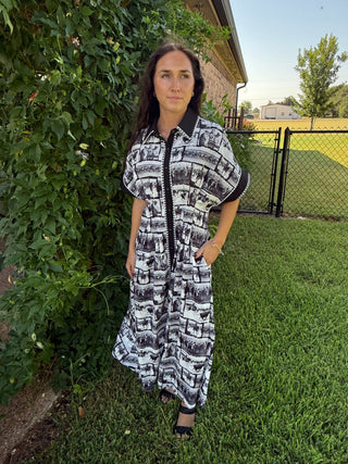 Ranch Sketch Western Midi Dress | Black & Ivory Button Front Cowboy Dress - Barbwire n Bougie Boutique