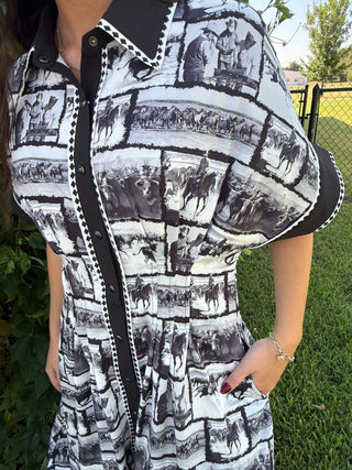 Ranch Sketch Western Midi Dress | Black & Ivory Button Front Cowboy Dress - Barbwire n Bougie Boutique
