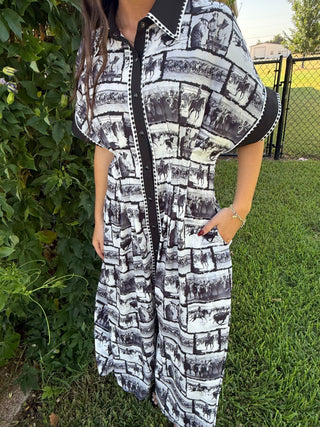 Ranch Sketch Western Midi Dress | Black & Ivory Button Front Cowboy Dress - Barbwire n Bougie Boutique