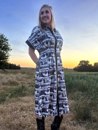 Ranch Sketch Western Midi Dress | Black & Ivory Button Front Cowboy Dress - Barbwire n Bougie Boutique