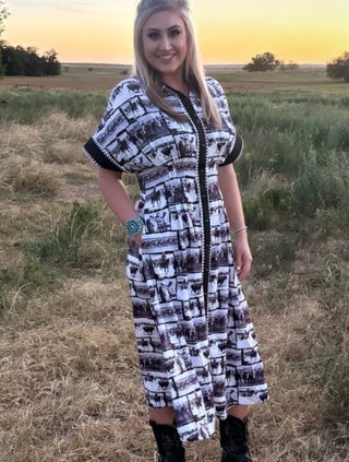 Ranch Sketch Western Midi Dress | Black & Ivory Button Front Cowboy Dress - Barbwire n Bougie Boutique