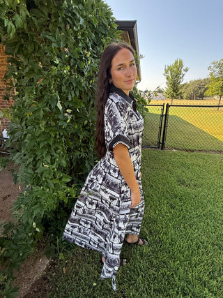 Ranch Sketch Western Midi Dress | Black & Ivory Button Front Cowboy Dress - Barbwire n Bougie Boutique