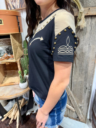 Ranch Studded Black Tan Boot Stitch Western Tee - Barbwire n Bougie Boutique