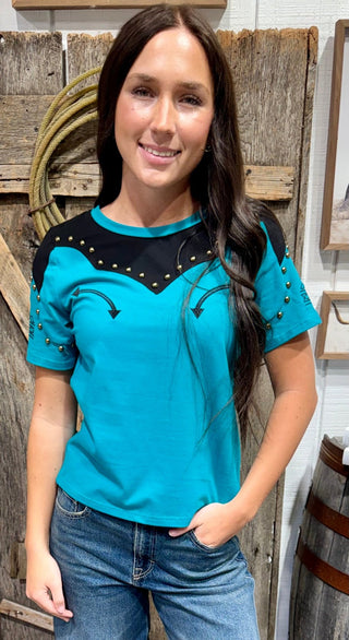 Ranch Studded Turquoise Boot Stitch Western Tee - Barbwire n Bougie Boutique
