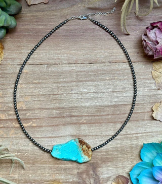Raw Turquoise & Sterling Silver Pearl Necklace – 15” + Extender - Barbwire n Bougie Boutique