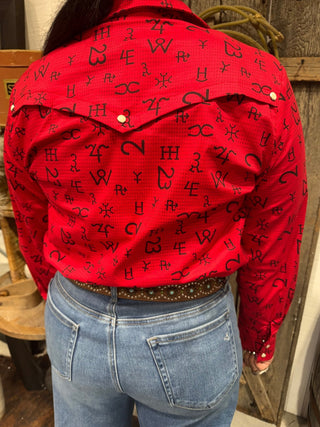 Red Cattle Brand Print Riding & Stock Show Red Western Performance Shirt - Barbwire n Bougie Boutique