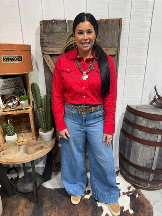 Red Cattle Brand Print Riding & Stock Show Red Western Performance Shirt - Barbwire n Bougie Boutique