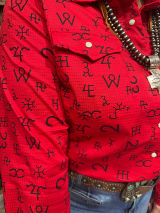 Red Cattle Brand Print Riding & Stock Show Red Western Performance Shirt - Barbwire n Bougie Boutique