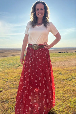 Red Dirt Cattle Brand Maxi Skirt | Western Boho Mesh Maxi Skirt - Barbwire n Bougie Boutique