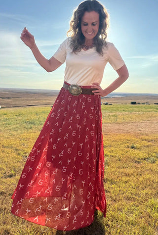 Red Dirt Cattle Brand Maxi Skirt | Western Boho Mesh Maxi Skirt - Barbwire n Bougie Boutique