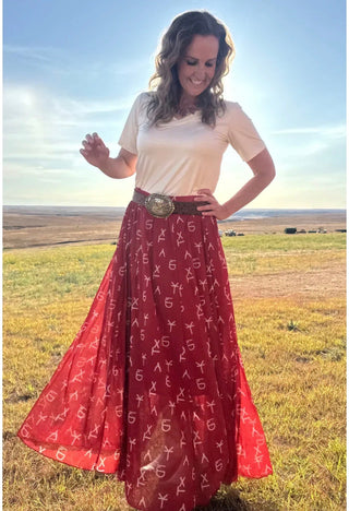 Red Dirt Cattle Brand Maxi Skirt | Western Boho Mesh Maxi Skirt - Barbwire n Bougie Boutique