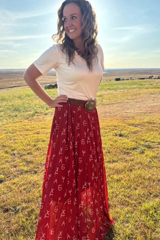 Red Dirt Cattle Brand Maxi Skirt | Western Boho Mesh Maxi Skirt - Barbwire n Bougie Boutique