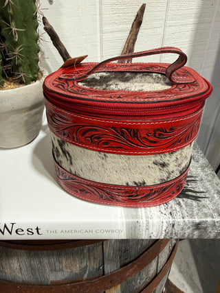 Red Leather Western Cowhide Tooled Travel Jewelry Box - Barbwire n Bougie Boutique