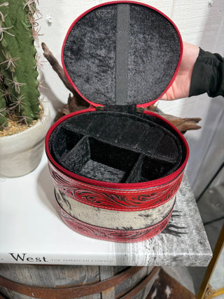 Red Leather Western Cowhide Tooled Travel Jewelry Box - Barbwire n Bougie Boutique