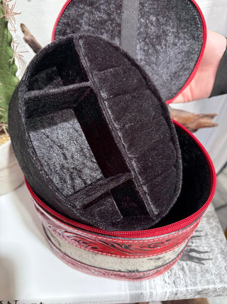 Red Leather Western Cowhide Tooled Travel Jewelry Box - Barbwire n Bougie Boutique