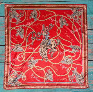 Red Rodeo Bronc Rider Wild Rag Scarf – 36” x 36” Western Cowboy Silk Scarf - Barbwire n Bougie Boutique