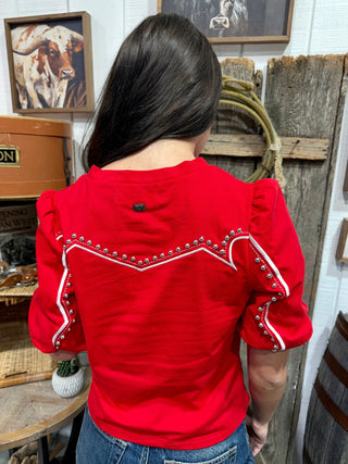 Red Studded Western Puff Sleeve Top - Barbwire n Bougie Boutique
