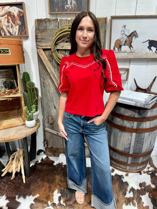 Red Studded Western Puff Sleeve Top - Barbwire n Bougie Boutique