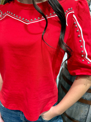 Red Studded Western Puff Sleeve Top - Barbwire n Bougie Boutique