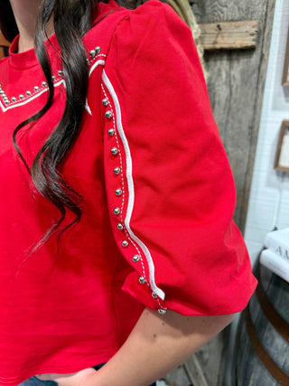 Red Studded Western Puff Sleeve Top - Barbwire n Bougie Boutique