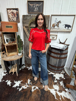 Red Studded Western Puff Sleeve Top - Barbwire n Bougie Boutique