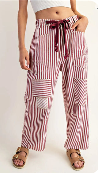 Red White Pinstriped Barrel Pants - Barbwire n Bougie Boutique