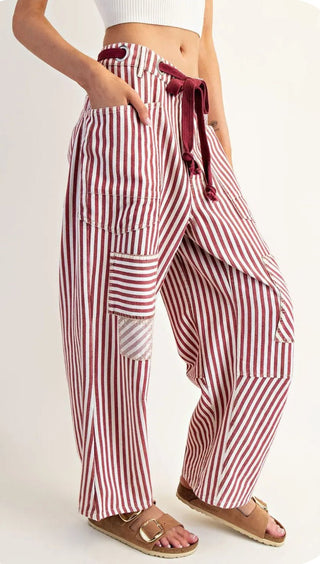 Red White Pinstriped Barrel Pants - Barbwire n Bougie Boutique