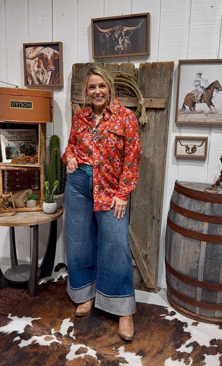 Red Yeehaw Cowgirl Print Pearl Snap Shirt - Barbwire n Bougie Boutique