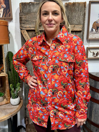 Red Yeehaw Cowgirl Print Pearl Snap Shirt - Barbwire n Bougie Boutique