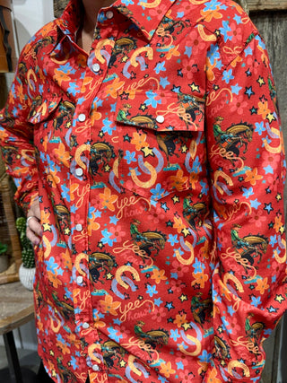 Red Yeehaw Cowgirl Print Pearl Snap Shirt - Barbwire n Bougie Boutique