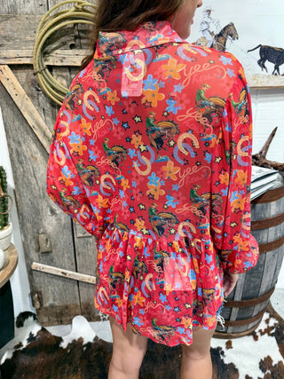 Red Yeehaw Mesh Peplum Western Bell Sleeve Top | Retro Cowgirl Button Front Blouse-Turquoise Haven - Barbwire n Bougie Boutique