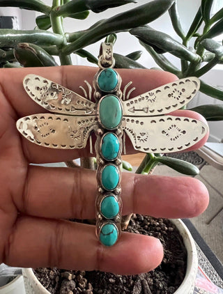 Repoussé Silver Tibetan Dragonfly Pendant with Genuine Turquoise | Handmade Statement Necklace - Barbwire n Bougie Boutique
